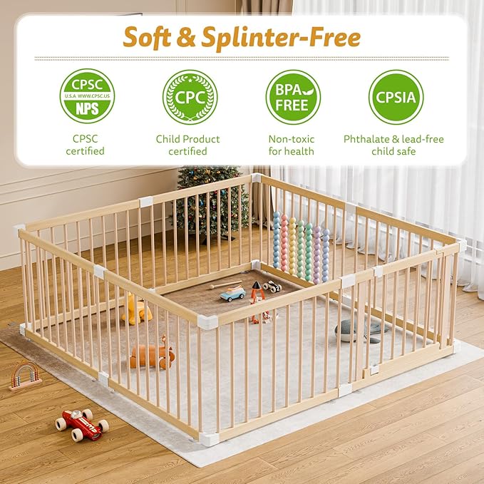 Large Wooden Baby Playpen - Size Adjustable Fence for Babies and Toddlers, Baby Play Yard with Locking Gate, Indoor Play Pen for Kids Activity Center 63.5”×63.5”