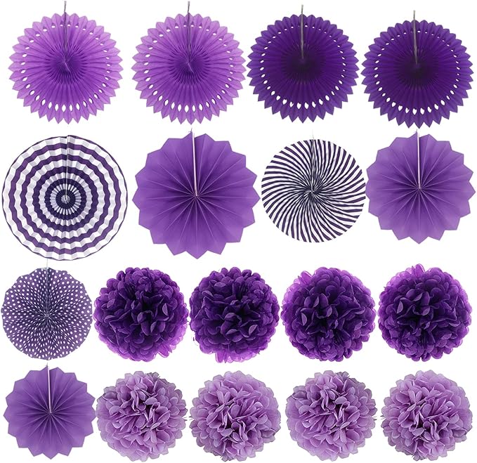 ZERODECO Party Decoration, 21 Pcs Purple and Lavender Hanging Paper Fans, Pom Poms Flowers, Garlands String Polka Dot and Triangle Bunting Flags for Birthday Parties, Wedding, Mermaid Party