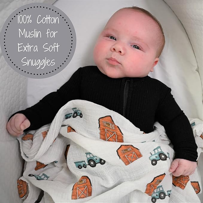 LollyBanks Swaddle Blanket, 100% Cotton Muslin Swaddle Blankets for Boys and Girls, Large 47 x 47 Inches Newborn Swaddles, Soft and Breathable Baby Blanket, Baby Essentials, Registry (Barn Print)