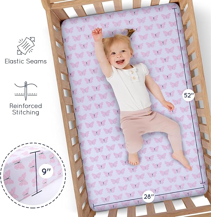 GROW WILD Crib Sheets 3 Pack - Soft & Stretchy Jersey Cotton Fitted Baby Crib Sheets for Girls, Cute Toddler Bed Sheets for Baby Girl (Hearts & Flowers)