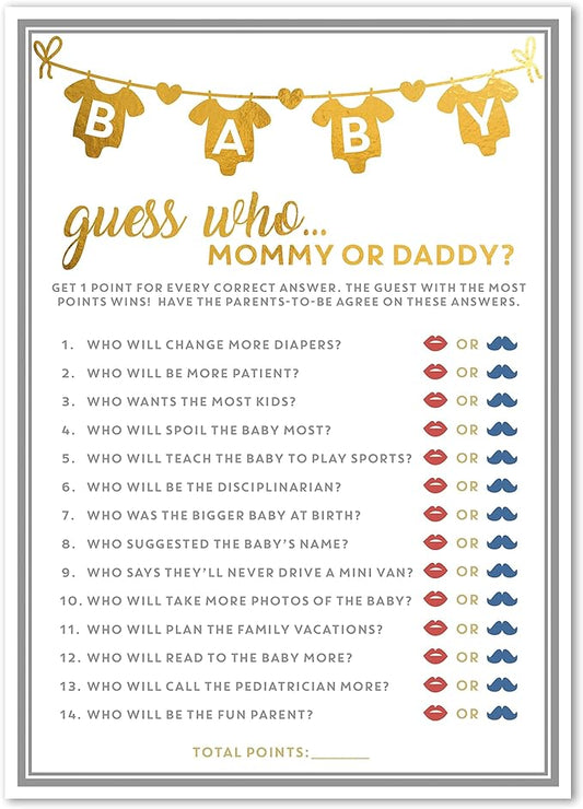 Party Hearty Baby Shower Games for Girl or Boy, 50 pcs Mommy or Daddy Guess Who Game, Fun Activity Cards, Gender Neutral, Ideas