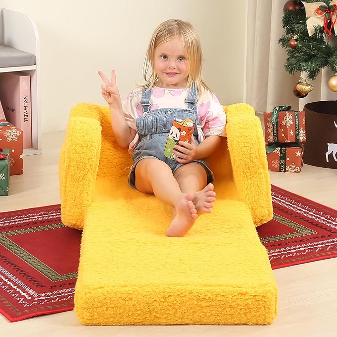 Kids Chairs for Toddler, 2-in-1 Toddler Soft Sherpa Couch Fold Out, Convertible Sofa to Lounger for Girls and Boys, Halloween Decor, Yellow