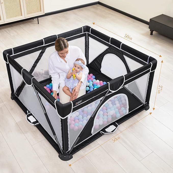 ANGELBLISS Baby Playpen, Foldable Playpen for Babies and Toddlers, Indoor & Outdoor Baby Activity Center with Visible Breathable Mesh, Portable Play Yard with 2 Handlers+50 Balls-50”×50”(Black)