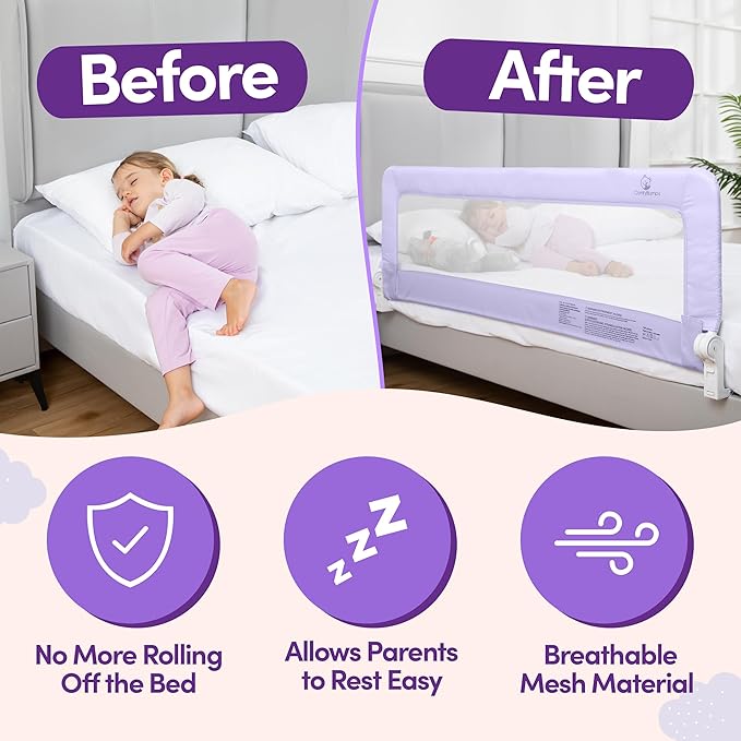 ComfyBumpy 1-Pack Bed Rail for Toddlers 55.5" L x 19.5" H | Toddler Bed Rails for Twin, Full, Queen & King Mattress Size | Swing Down Rail Guard | Mattress Side Rail for Kids | Purple