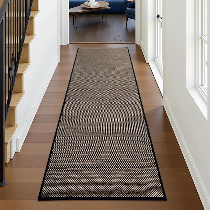 Wonnitar Farmhouse Washable Kitchen Runner Rug, 2x5 Rug Runner Rubber Backed Non Slip Bathroom Rugs, Neutral Absorbent Braided Bathroom Carpet Runner for Bedroom Kitchen Entry Hallway(Black,2'x5')