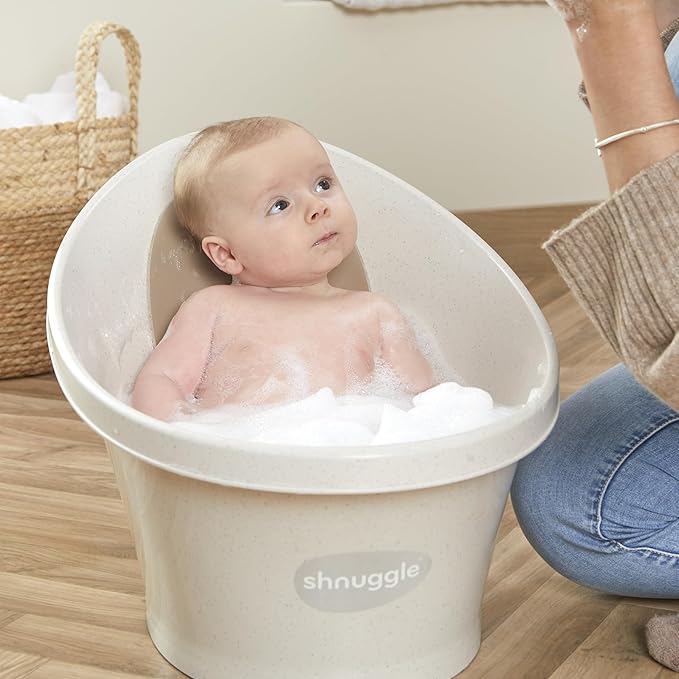 ECO Newborn Baby Bath | Recycled Material with Built-in Support Bump and Soft Backrest | Suitable from Newborn | Includes Water Plug | Cookies and Cream Colour | Beige Taupe Speckled