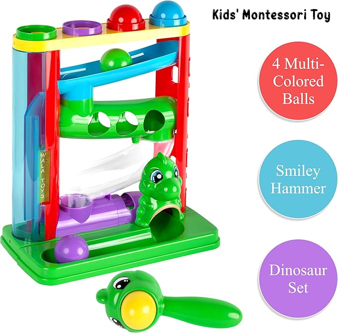 WALA - Pound a Ball Dinosaurs Toy - Super Durable Toddler Girls and Boys Toys - Comes with Ball Tower, Ball, Hammer, and 7 Dinosaur Toys for Kids - Educational Baby Hammer Toy - STEM Development