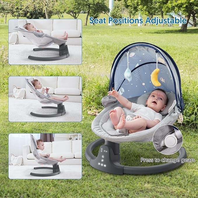Bluetooth Baby Swing for Infants, Compact & Portable Baby Swing, 3 Seat Positions, 5 Swing Speed, 10 Music, Remote Control, USB Plug-in Power, Reversible Cushion for All Seasons