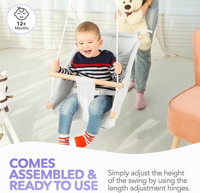 CaTeam Canvas Toddler Swing – Indoor/Outdoor Hanging Chair for Patio & Playroom with Safety Belt – Wooden Baby Seat for Ages 12+ Months – Ivory