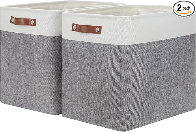 HNZIGE Large Storage Baskets Rectangular Storage Bins Baskets for Organizing [2 Pack] Tall Shelf Baskets with Handles, Decorative Organizer for Storage Home, Closet (White Grey)