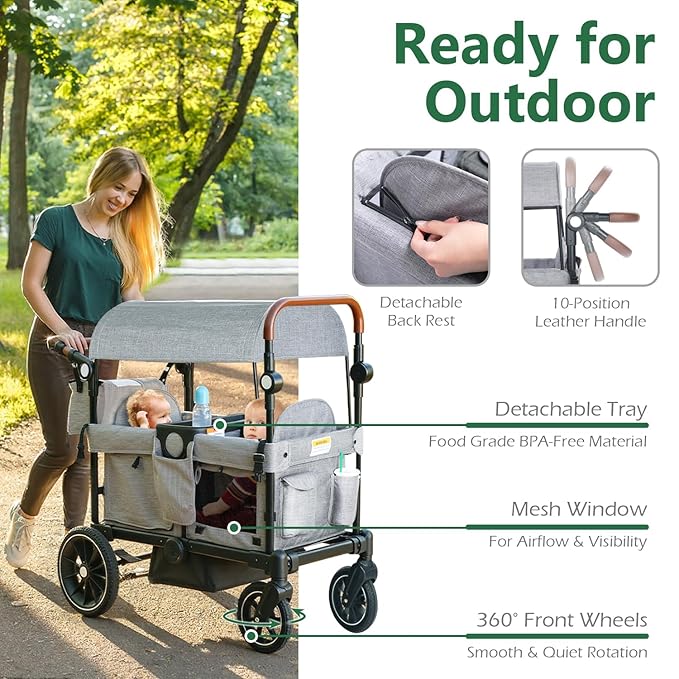 Kinder King Folding Wagon Stroller for 2 Kids, All-Terrain Baby Stroller Wagon Outdoor, Removable Canopy 2 Seater, Adjustable Handle, Shock-Absorbing Wheel, Detachable Tray, Parent Organizer, Gray