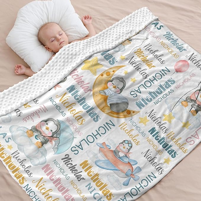 Personalized Baby Blanket for Girls Boys Penguin Custom Baby Blankets with Name Dotted Backing Customized Gifts for New Mom Customize Baby Blanket for Kids Newborn Birthday