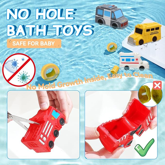 Mold Free Bath Toys, 6 Packs No Hole Baby & Toddler Bathtub Toys: Water Floating Vehicles Truck School Bus Car Toy, Sealed Soft Silicone Rubber Bath Toys for Kids ages 0+ (with Mesh Storage Organizer)
