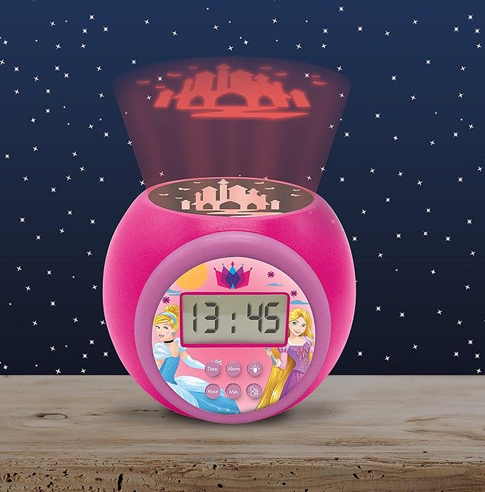 LEXIBOOK Projector Clock Disney Princess with Snooze Alarm Function, Night Light with Timer, LCD Screen, Battery Operated, Pink