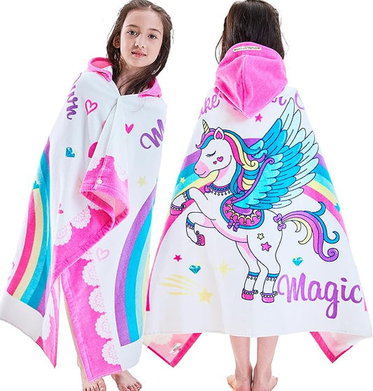 VOOVA & MOVAS Kids Towels with Hood Age 3-10, 30''X50, Soft | Thick | 100% Cotton | Absorbent | Large Wrap| Cover Up, Perfect for Beach, Pool, Bath, Swim, White Magic Unicorn