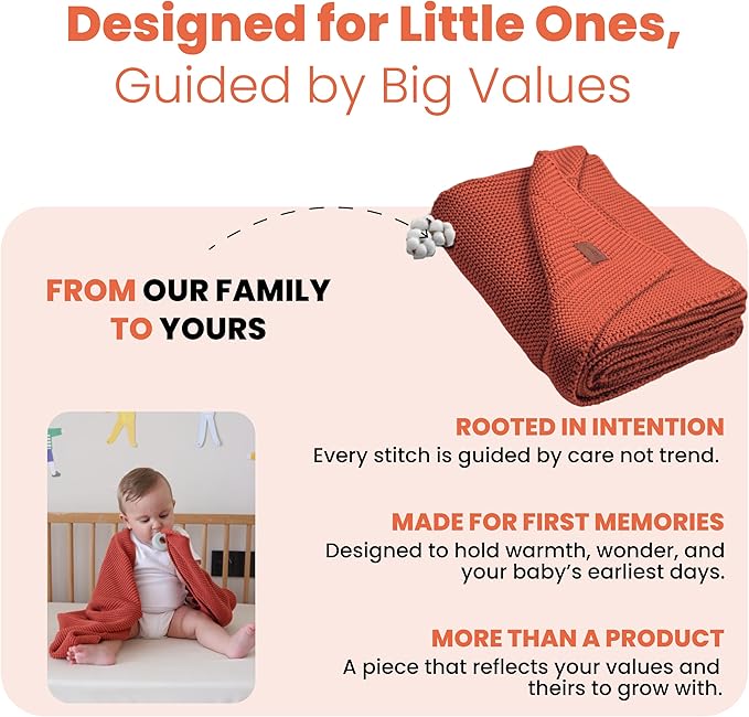 100% Organic Cotton Baby Knitted Blanket with Gift Box - Soft Toddler, Crib, Stroller Blanket - Neutral Swaddle and Receiving Blanket for Newborns, 30"x40", Harvest Pumpkin