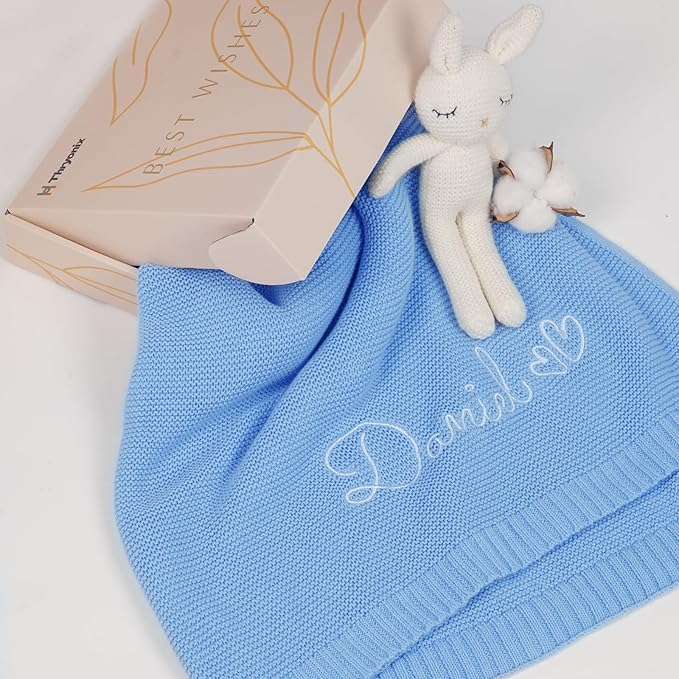 Personalized Baby Blanket with Embroidered Name, Custom Knit Blanket for Girls Boys, 30x40in Customized Baby Receiving Blankets, Personalized Christmas Birthday Baby Newborn Gifts (Blue)
