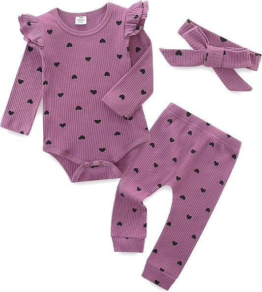 Fullfamous Baby Girl's 3pc Rib Frill Long Sleeve Romper and Pant Set