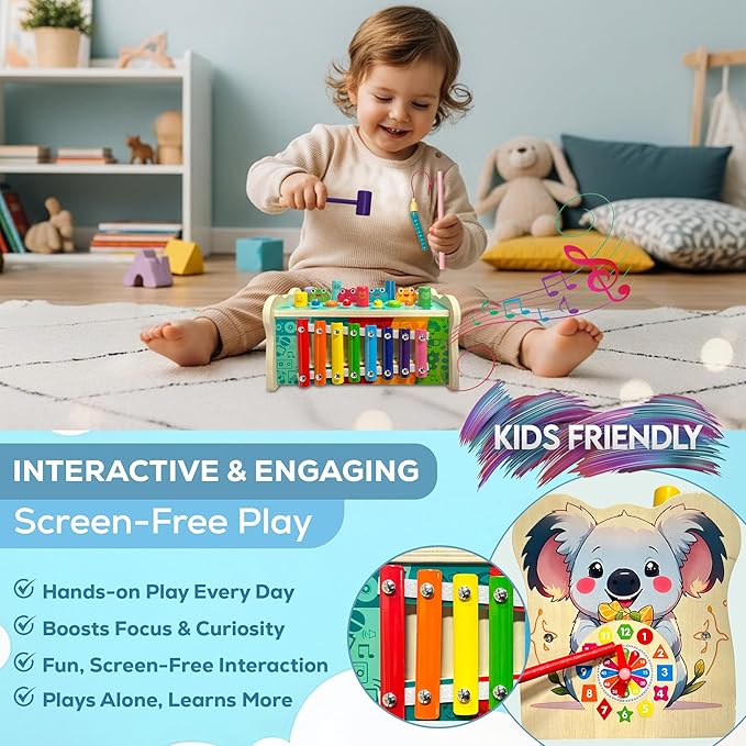 Montessori Wooden Hammering Toy – 6-in-1 Xylophone, Pound Bench, Shape Sorter & Learning Tool for Toddlers | Educational Musical Toy for Boys & Girls Ages 1–5 | Develops Motor Skills & Sensory Play