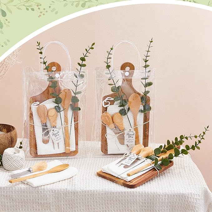 Baby Shower Prizes for Game Winners Bamboo Cheese Board Spoon Fork Butter Spreaders Plaid Towel Thank You Card and Gift Bags for Baby Shower Wedding Bridal Shower Favors (Acacia, 6 Sets)