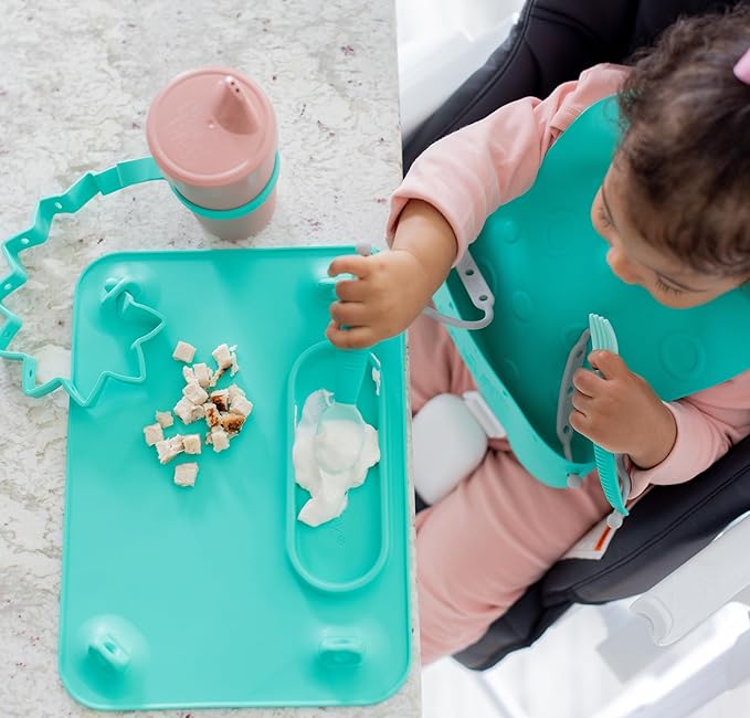 BUSY BABY Silicone Mat - New and Improved Suction Cups, 4 Straps to Secure Baby Essentials, Self Feeding, Baby Led Weaning, Travel Sleeve Included (Spearmint)