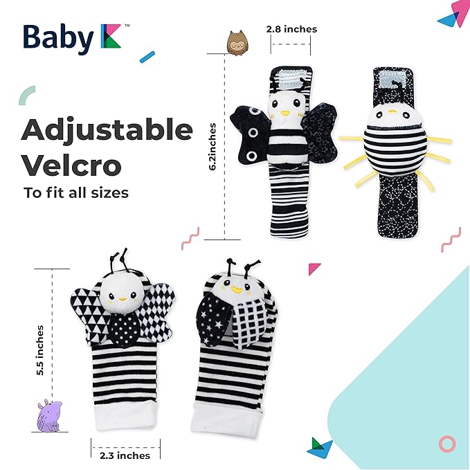 BABY K Baby Rattle Socks & Wrist Toys (Set E) - Newborn Toys for Baby Boy or Girl - Brain Development Infant Toys - Hand and Foot Rattles Suitable for 0-6, 6-12 Months Babies - Newborn Baby Gifts