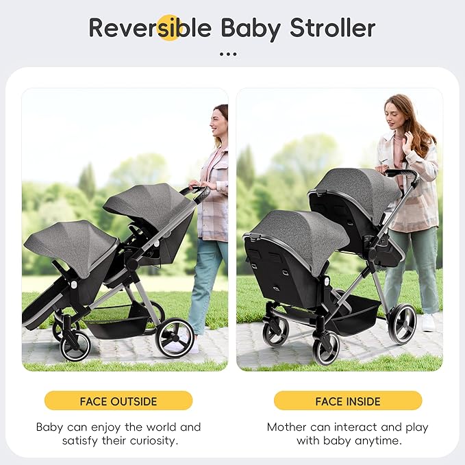 MU Double Stroller, Foldable Twin Tandem Stroller with Adjustable Backrest, Reversible Seat, 5-Point Harness, Storage Basket, Convertible Baby Bassinet for Infant and Toddler, Gray