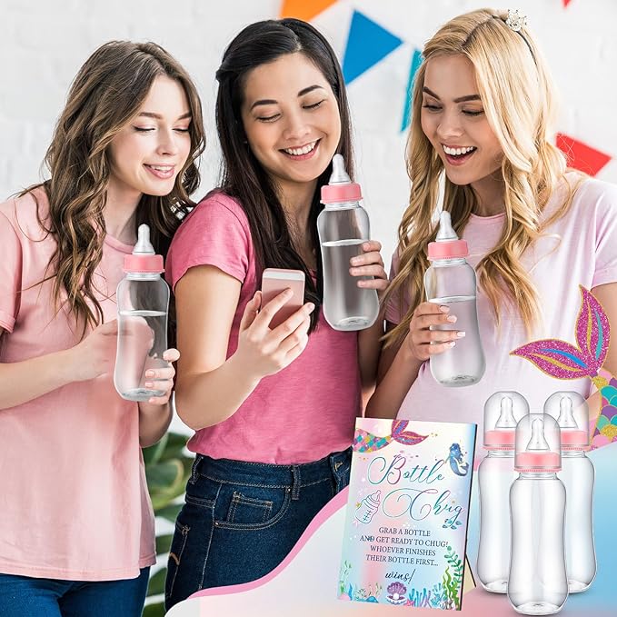 TrelaCo Mermaid Cool Baby Shower Games Bottle Chug Sign Wooden Mermaid Theme Gift Sets Gender Reveal Party Favors and 12 Pcs Baby Bottle Shower Favor for Games Gender Reveal