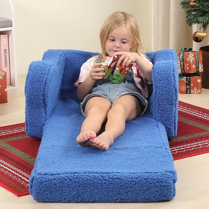 Kids Chairs for Toddler, 2-in-1 Toddler Soft Sherpa Couch Fold Out, Convertible Sofa to Lounger for Girls and Boys, Sky Blue