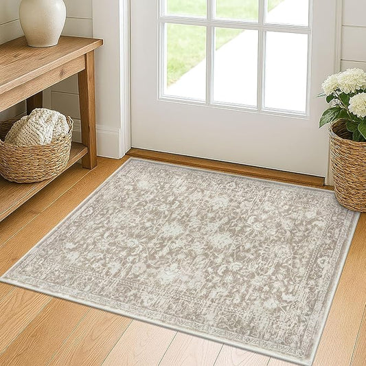 KILOCOCO Moroccan Small Area Rug 2x3 Entryway Rugs Printed Vintage Floral Washable Rug Non-Slip Kitchen Indoor Door Mat, Accent Throw Small Rugs for Laundry Room Bedroom Entrance, Beige