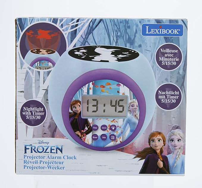 LEXIBOOK, Projector Clock Disney Frozen 2 Anna Elsa with Snooze Alarm Function, Night Light with Timer, LCD Screen, Battery Operated, Blue/Purple, RL977FZ
