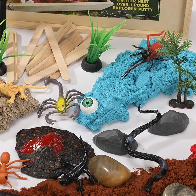 Insects and Reptiles Putty Explorers Educational Sensory Kit Wooden Play Box Bugs Snakes Science Life Moldable Sand Kit STEM Educational Toys Science Teacher Classroom Gifts Lizards Volcano Easter