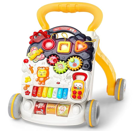 YOLAY Baby Walker Push with Wheels, Sit-to-Stand Walker for Baby Boy and Girl 6-12 Months with Detachable Play Panel, Stable Handle, Early Learning Activity for Kids - Yellow