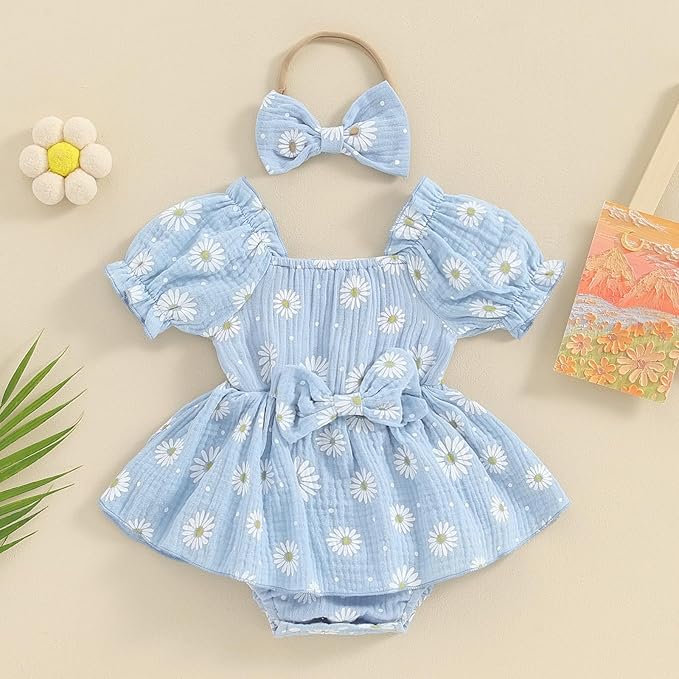 Baby Girls Floral Cotton Leotard Romper Newborn Daisy Playsuits Ruffled Sleeve Onesie Infant Jumpsuit Clothes Headband