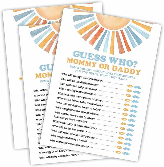 Sunshine Guess Who? Baby Shower Game Kit - Retro Here Comes The Sun - 30 Double-Sided Fill In Game Cards For Baby Shower, Gender Reveal Party Favor, Activity & Supplies - A04