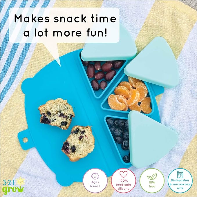 On-The-Go Snack Mat – Baby Silicone Travel Dining Placemat – Portable Silicone Toddler Plate – Reusable Snack Container with 3 Compartments and Lids for 6 Months + (Ocean)