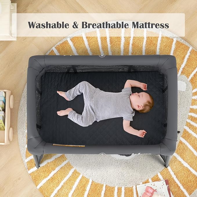 INFANS Travel Crib, Portable Baby Playpen with Removable Bassinet Soft Mattress Carry Bag, Foldable Lightweight Playard Nursery Center for Newborns Toddlers (Dark Gray)