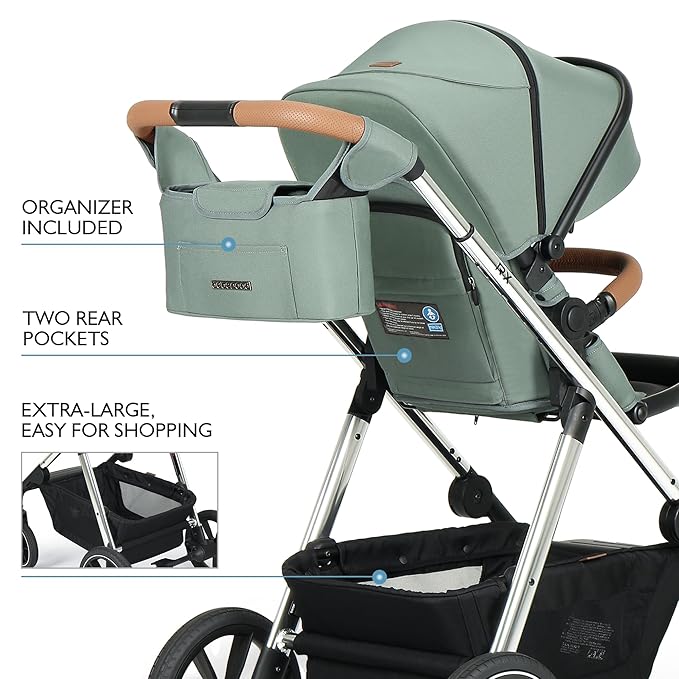 Beberoad Love RX 3-in-1 Baby Stroller with Bassinet, Toddler Strollers, Foldable Newborn Infant Stroller with Organizer, Rain Cover, Sunshade & Mosquito 2 in 1 Cover, Large Storage Basket（Green）