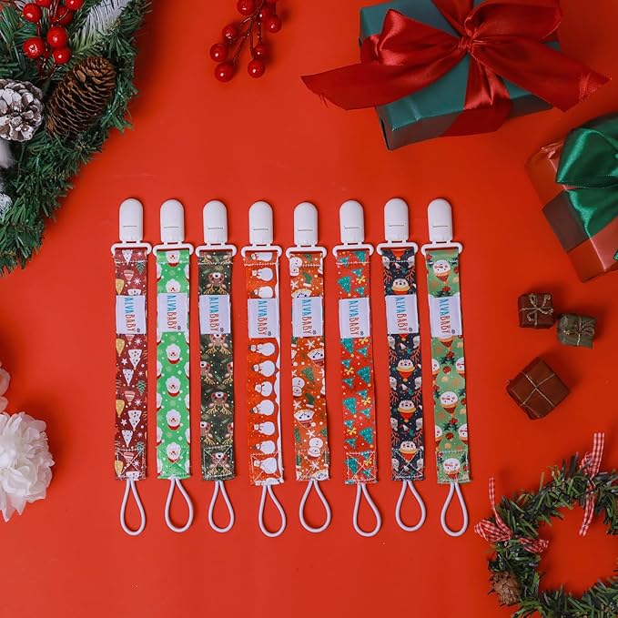 ALVABABY Pacifier Clip 8 Pack Binky Paci Clip Holder Leashes for Newborn Baby Boys Girls Christmas 8DBP04-DA