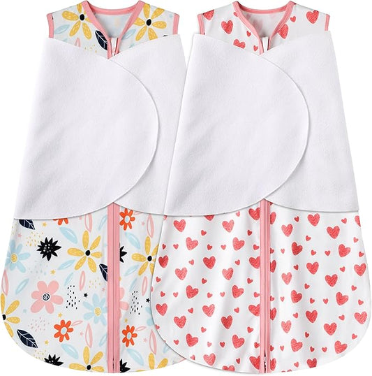 Newborn Sleep Sack Baby Swaddle,3-6 Months,3-Way Adjustable Wearable Blanket,100% Rayon Cotton Swaddling Sleeping Bag，TOG 0.5（Heart&Floral）