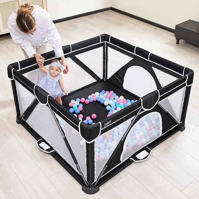 ANGELBLISS Baby Playpen, Foldable Playpen for Babies and Toddlers, Indoor & Outdoor Baby Activity Center with Visible Breathable Mesh, Portable Play Yard with 2 Handlers+50 Balls-50”×50”(Black)