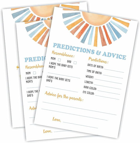 Sunshine Predictions & Advice Baby Shower Game Kit - Retro Here Comes The Sun - 30 Double-Sided Fill In Game Cards For Baby Shower, Gender Reveal Party Favor, Activity & Supplies - A01