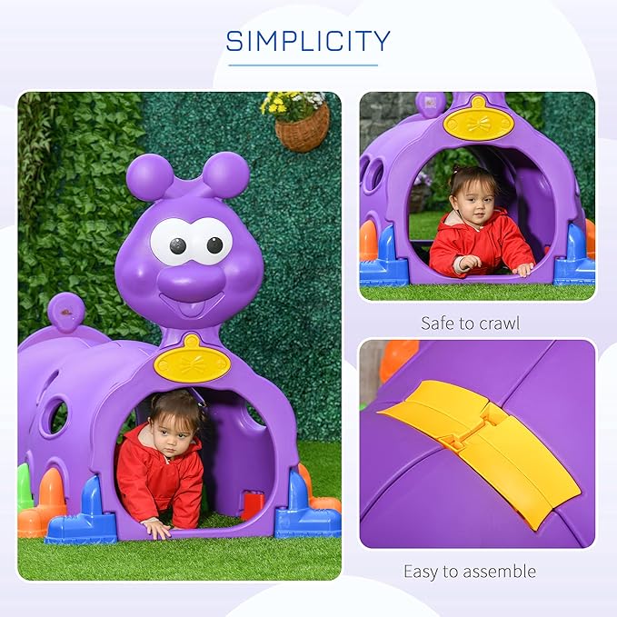 Qaba Caterpillar Tunnel, Toddler Tunnel for Kids Crawl and Climb Through, Kids' Play Structure Indoor Outdoor, 2 Sections, Purple