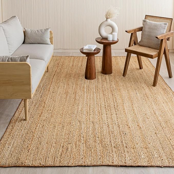 HOMEMONDE Jute Rug 9'x12' Rectangular Boho Home Decor Area Rug - Natural Hand Woven Rustic Vintage Reversible Braided Rug for Bedroom, Kitchen, Living Room, Hallway, Dining Room