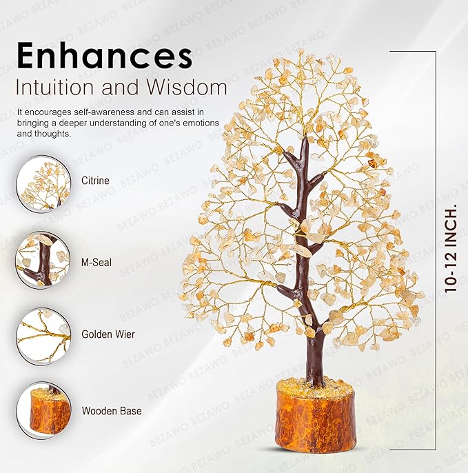 Crocon Citrine Gemstone Tree Feng Shui Figurine Money Bonsai Chakra Balancing Good Luck Prosperity Reiki Healing Crystals Decoration Ornament Sculpture Table Decor Gift Size 10-12"