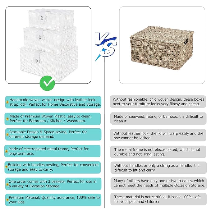 Set of 3 Woven Wicker Storage Basket Box with Lid & Lock, Built-in Carry Handles, Multifunctional Storage Organiser for Nursery, Baby, Clothes, Toys, Books, Large/Medium/Small Size (White)