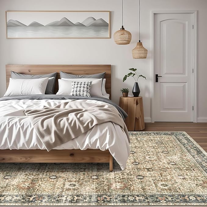 ReaLife Rugs Machine Washable Area Rug - Living Room Bedroom Bathroom Kitchen Entryway Office - Padded Low Pile Stain Resistant Premium - Boho Farmhouse Vintage - Dua - Brown Gray Beige 4' x 6'