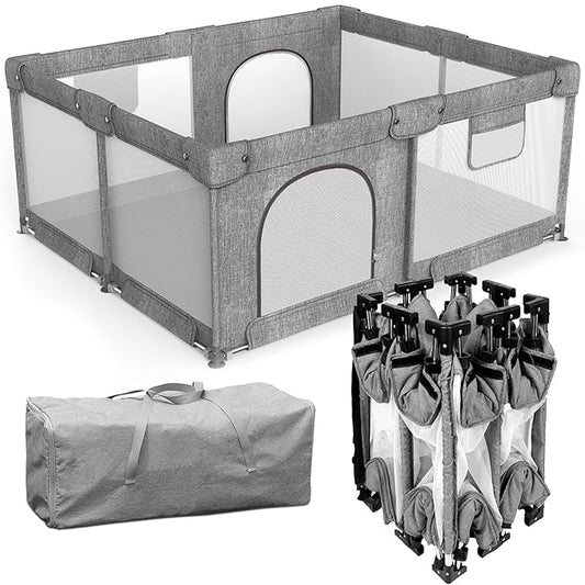 Foldable Baby Playpen with Gate, Extra Large Collapsible Play Yard for Babies & Toddlers, Portable Travel Playpen, Baby Activity Center for Indoor & Outdoor Use (Grey 59"×71")