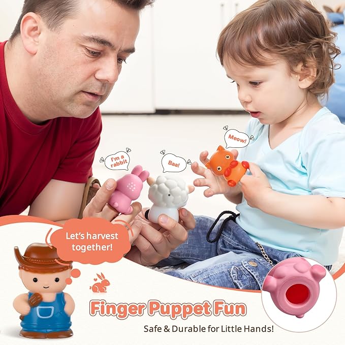 Toddler Learning Toys for 1 2 3 Years Old,Counting, Color Recognition & Math Skills Montessori Toy Farm Animals Train with 10 Finger Puppets, Birthday Educational Gift for Baby Toddler Boys Girls
