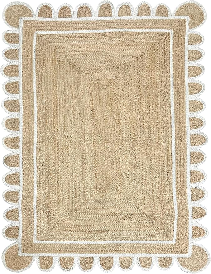 Shiv Shakti Exports Scalloped Natural Jute Area Rug, Natural Base Off White Trim (12x18 Feet)